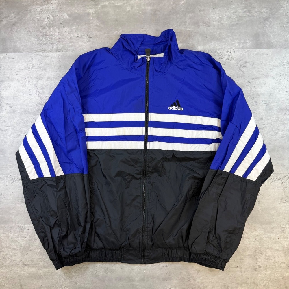 Vintage Adidas Windbreaker Jacket Blue Black White 3-Stripe Mens Medium Full Zip